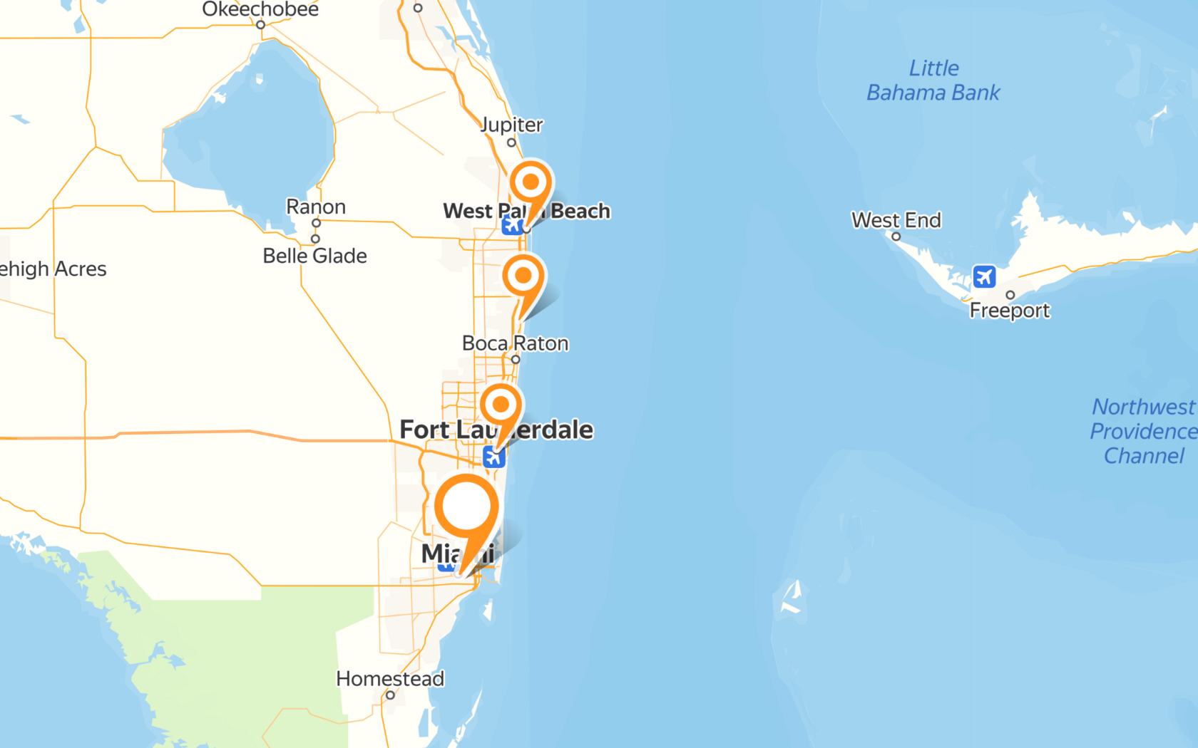 Map of South Florida showing service areas: Miami, Fort Lauderdale, Delray Beach, West Palm Beach